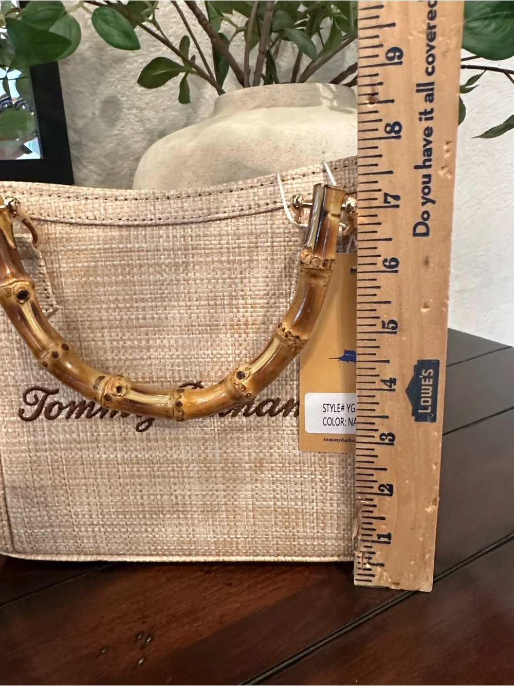 Tommy Bahama Beige Woven Tote with Bamboo Handles & Gold Chain